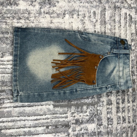 Denim Fringe Skirt with Brown Accents - Picture 8 of 8